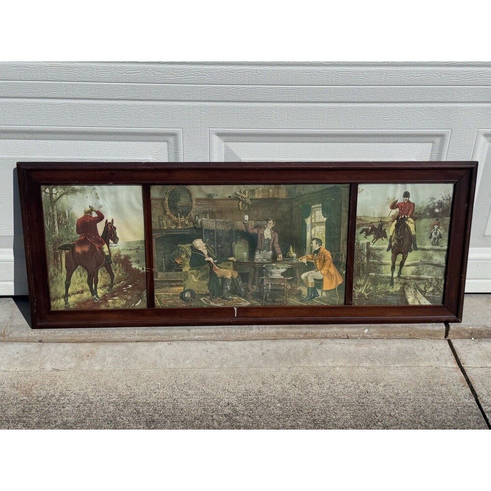 Vintage Fox Hunt Equestrian Triptych After Frank Moss Bennett Framed 40”